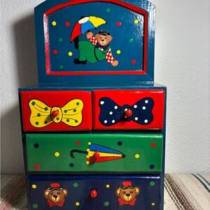 Colorful Wooden Toy Chest with Bear Design
